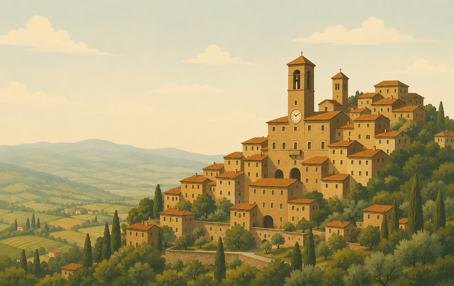 Illustrated view of Cortona and the surrounding Tuscan landscape